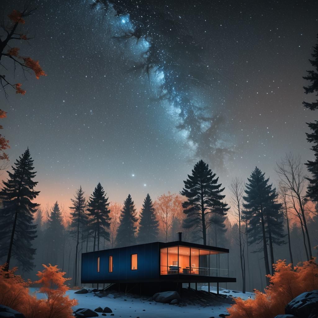 Glass Cabin Shines Under Starry Sky