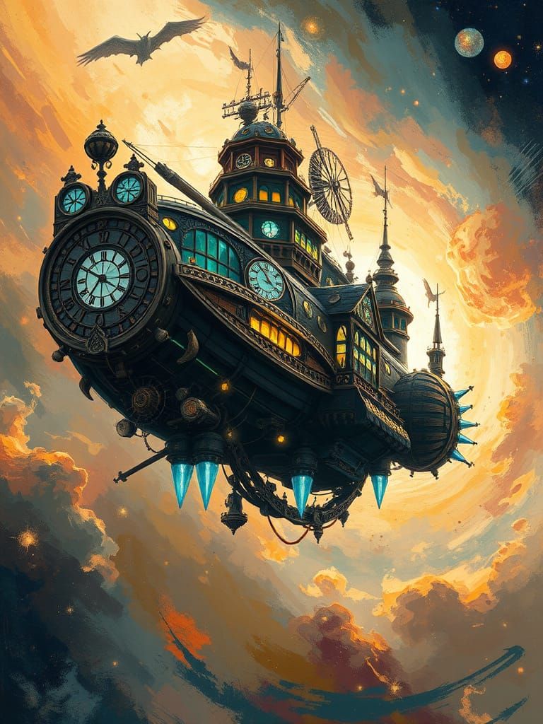 Steampunk Airship Soaring Through Nebula, Expressive Paintin...