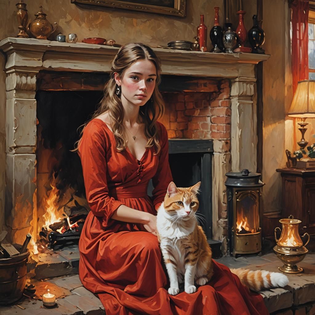 Cozy Portrait of a Young Woman by the Fireplace in Warm Oil....