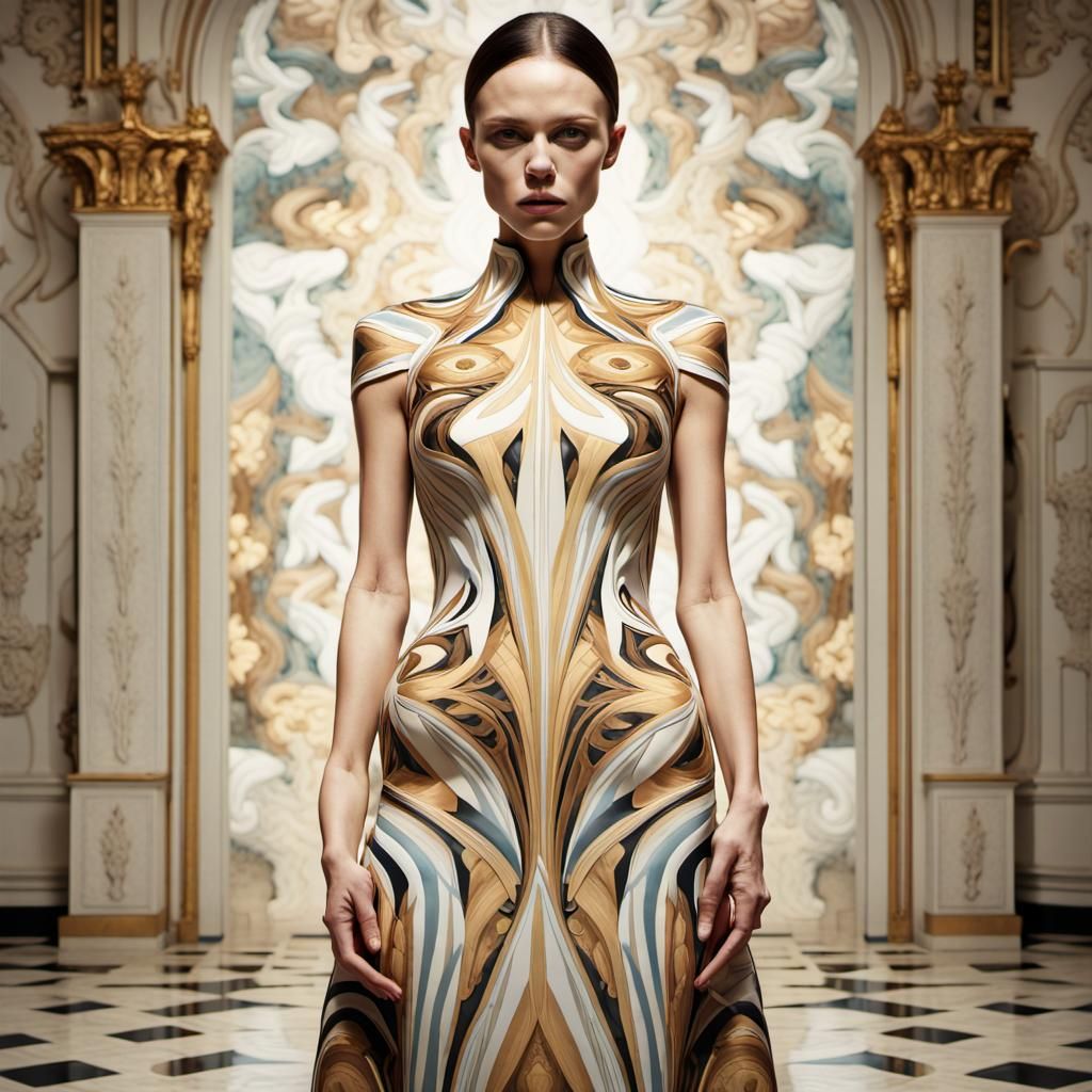 Golden Woman in Abstract Dress, Photorealistic Style