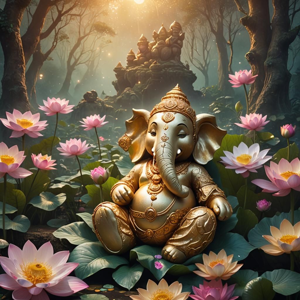 Teddy Bear and Ganesha in Mystical Forest