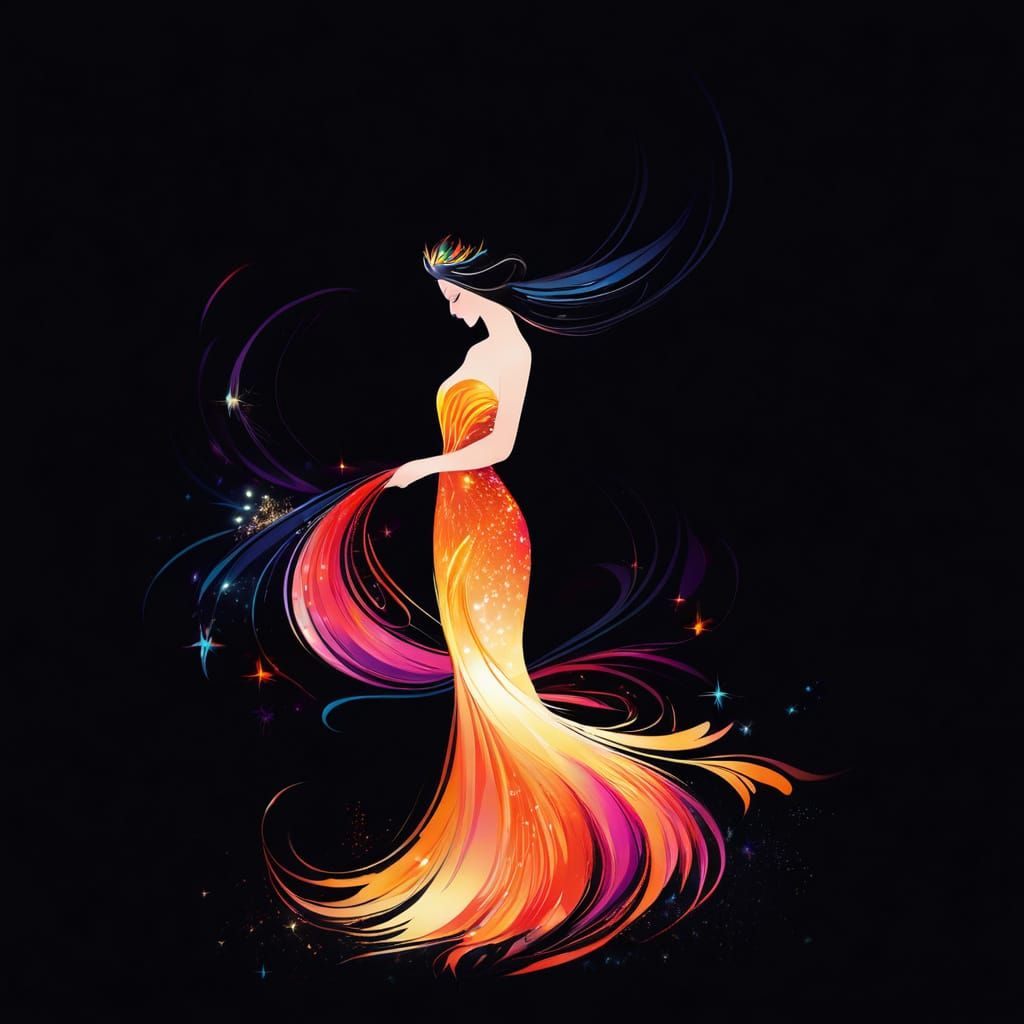 Dreamlike Digital Art of a Woman in a Flowing, Flame-Adorned...