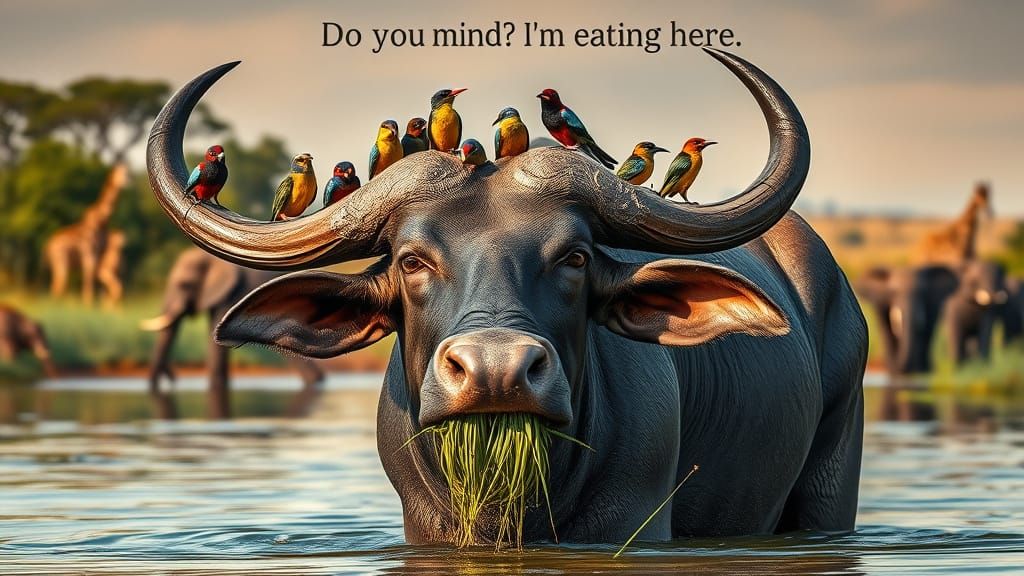 Majestic Horned Buffalo Defies Camera in Serene African Rive...