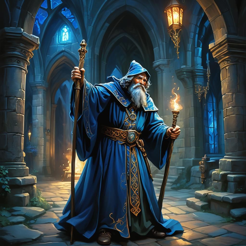 Drunk Wizard in Castle, Digital Painting with Vibrant Colors