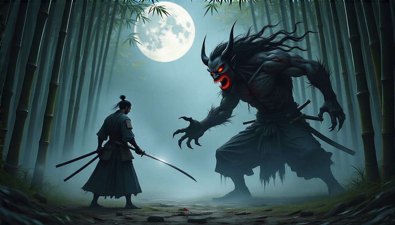 Samurai's Serene Victory Over Inner Demon in Bamboo Forest
