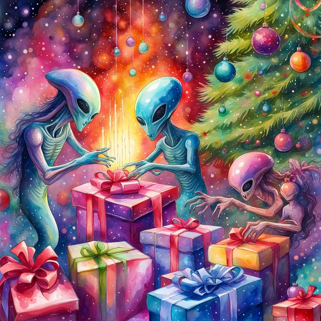 Extraterrestrial Christmas: Aliens Unwrapping Gifts, Waterco...