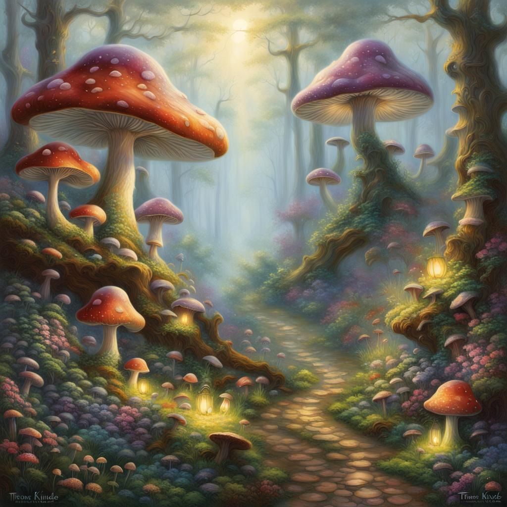 Ethereal Mushroom Forest in Kinkade Style