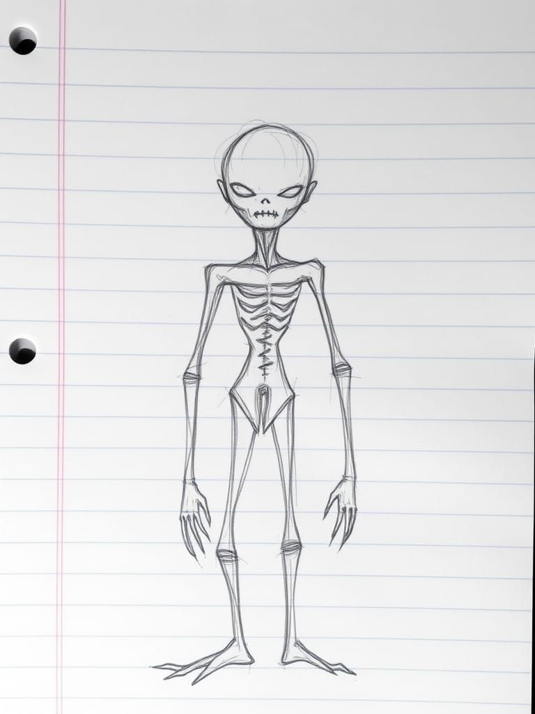 Disturbing Pencil Drawing of a Gaunt Humanoid Form