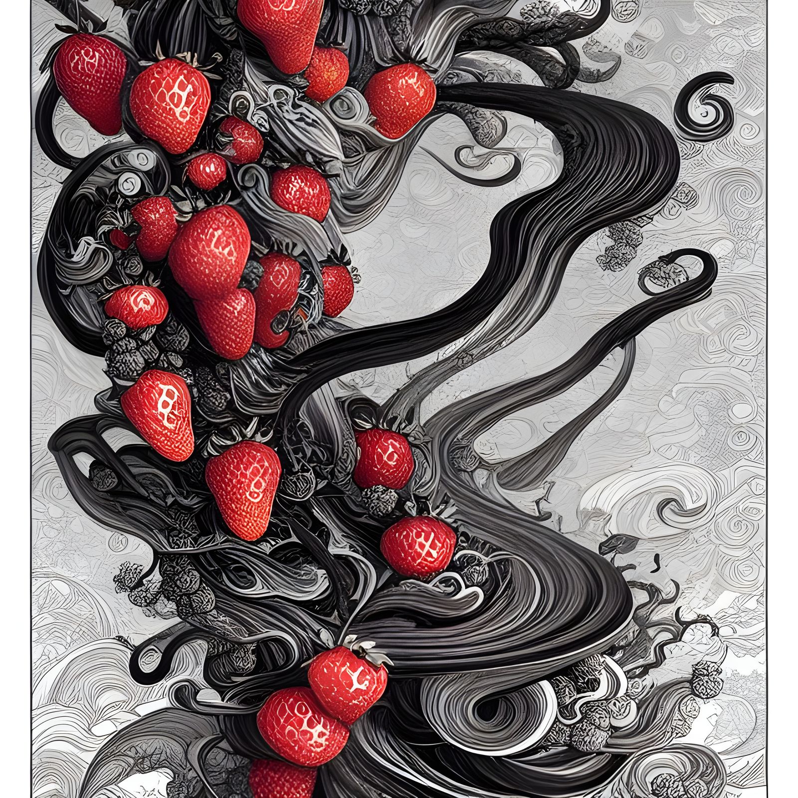Swirling Strawberry Blossoms Ink Illustration
