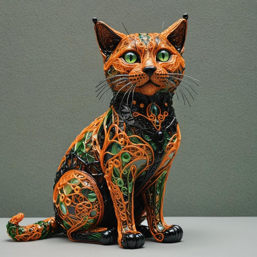 Intricate Knitted Glass Cat Sculpture in Orange and Black