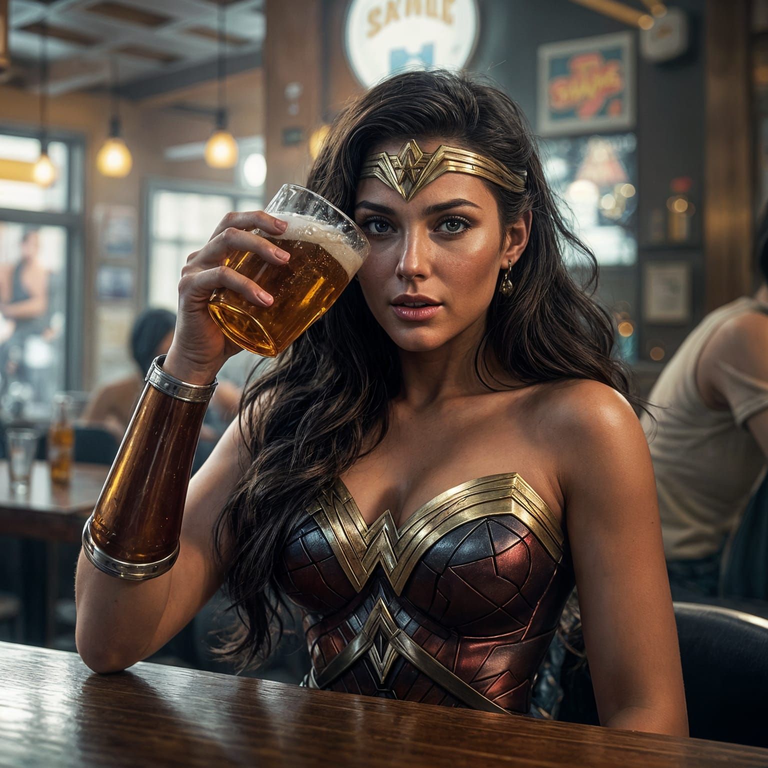 Hyperrealistic Wonder Woman Drinking Beer in a Bar