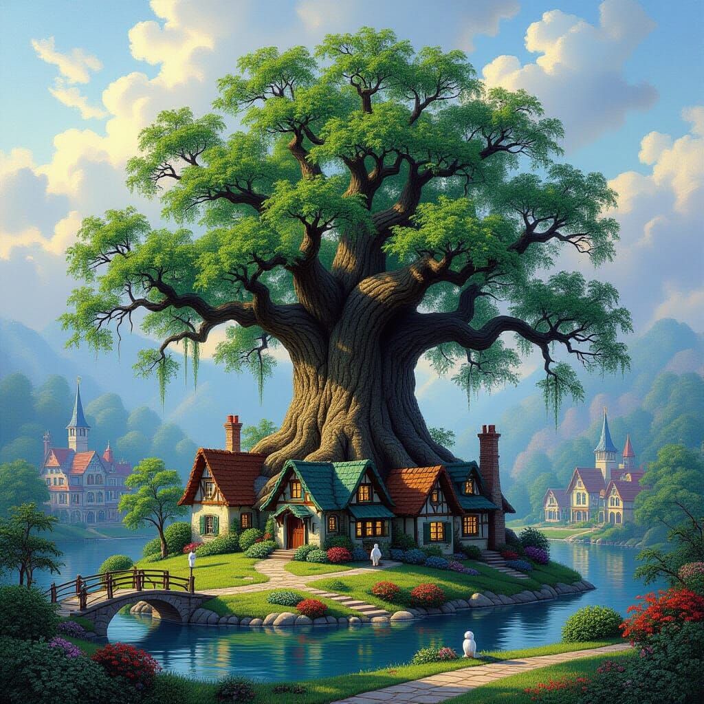 Fantasy Village in the Shadow of a Tree