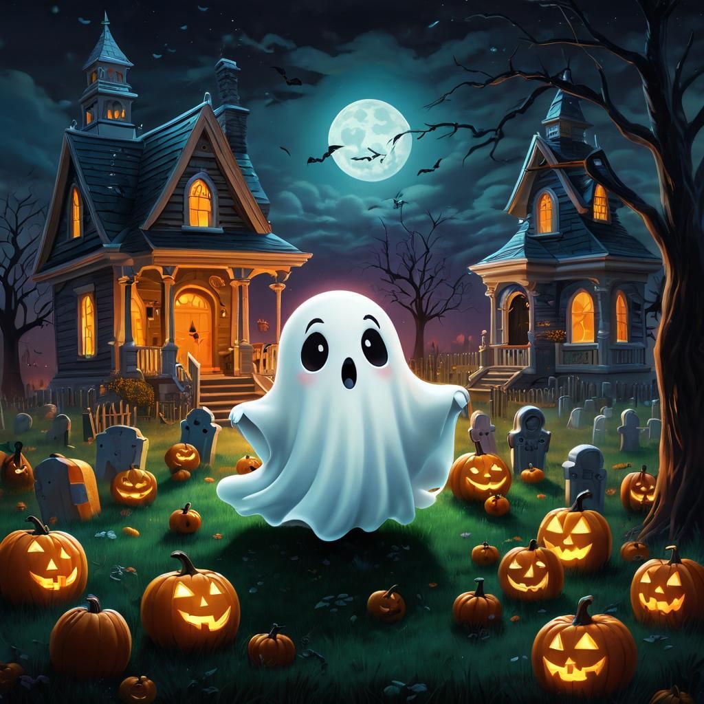 Cute Spooky Ghost Trick-or-Treating on Halloween