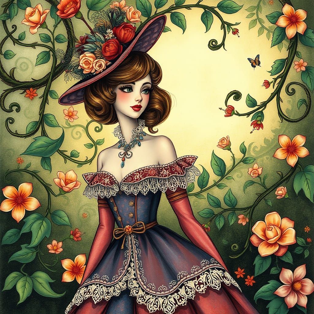 Whimsical Woman in Ornate Dress, Animation Style