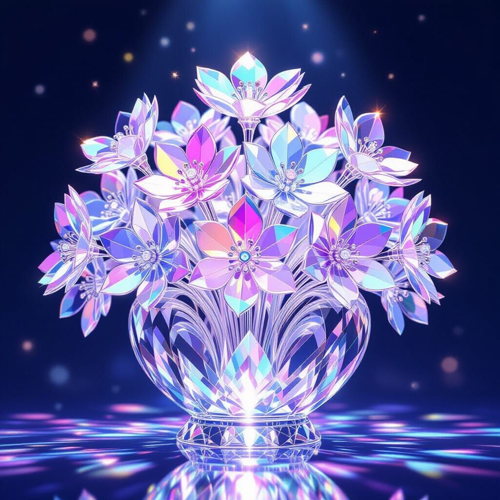 Crystal Vase Filled with Glittering Flowers, Ethereal Lighti...