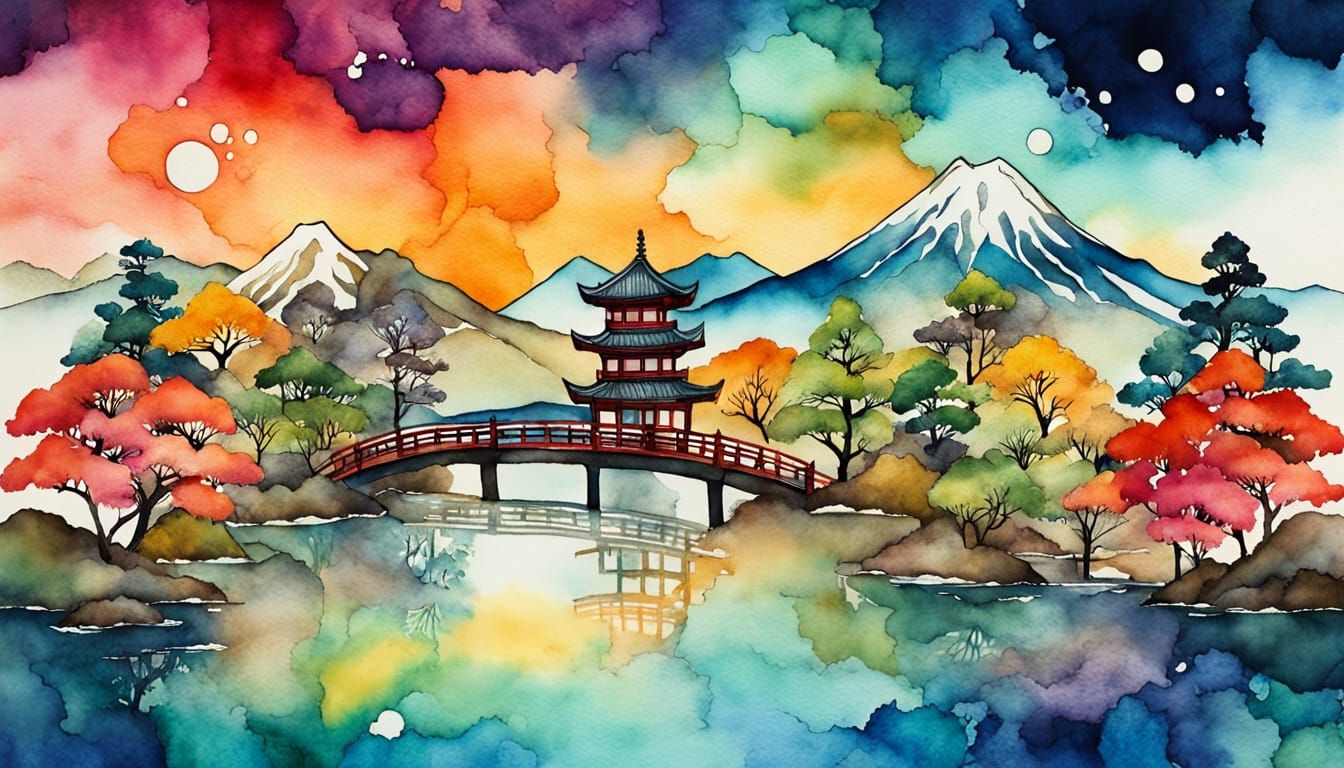 Whimsical Japanese Landscape in Watercolor and Ink