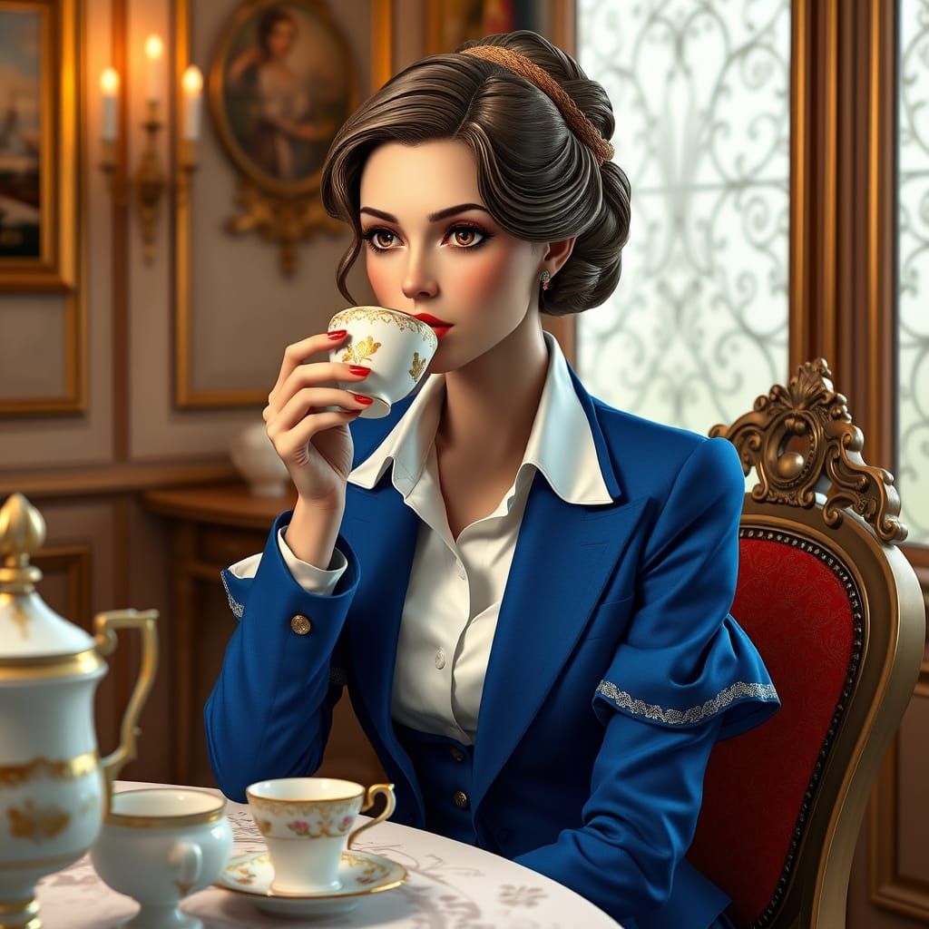 Elegant Lady at Tea Table in Luxurious 3D Anime Art