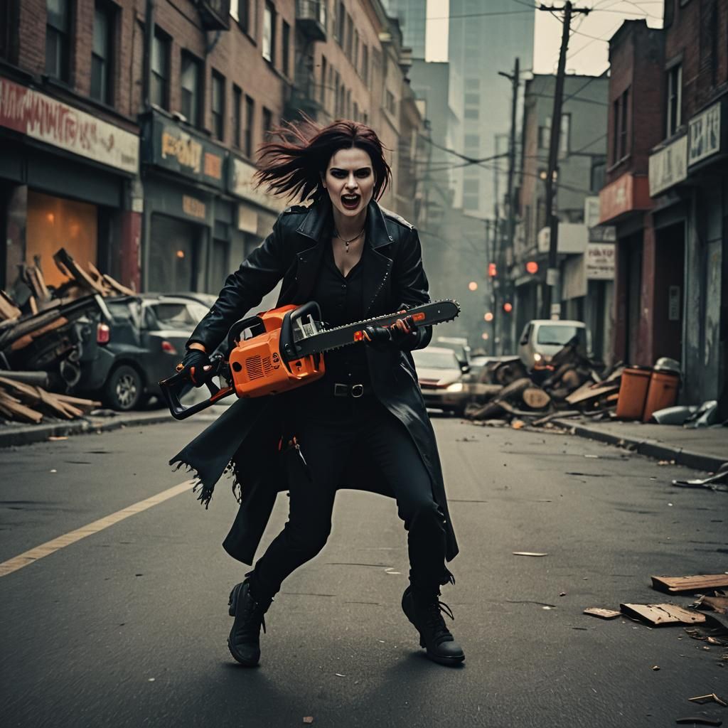 Cinematic Vampiric Woman with Chainsaw in City