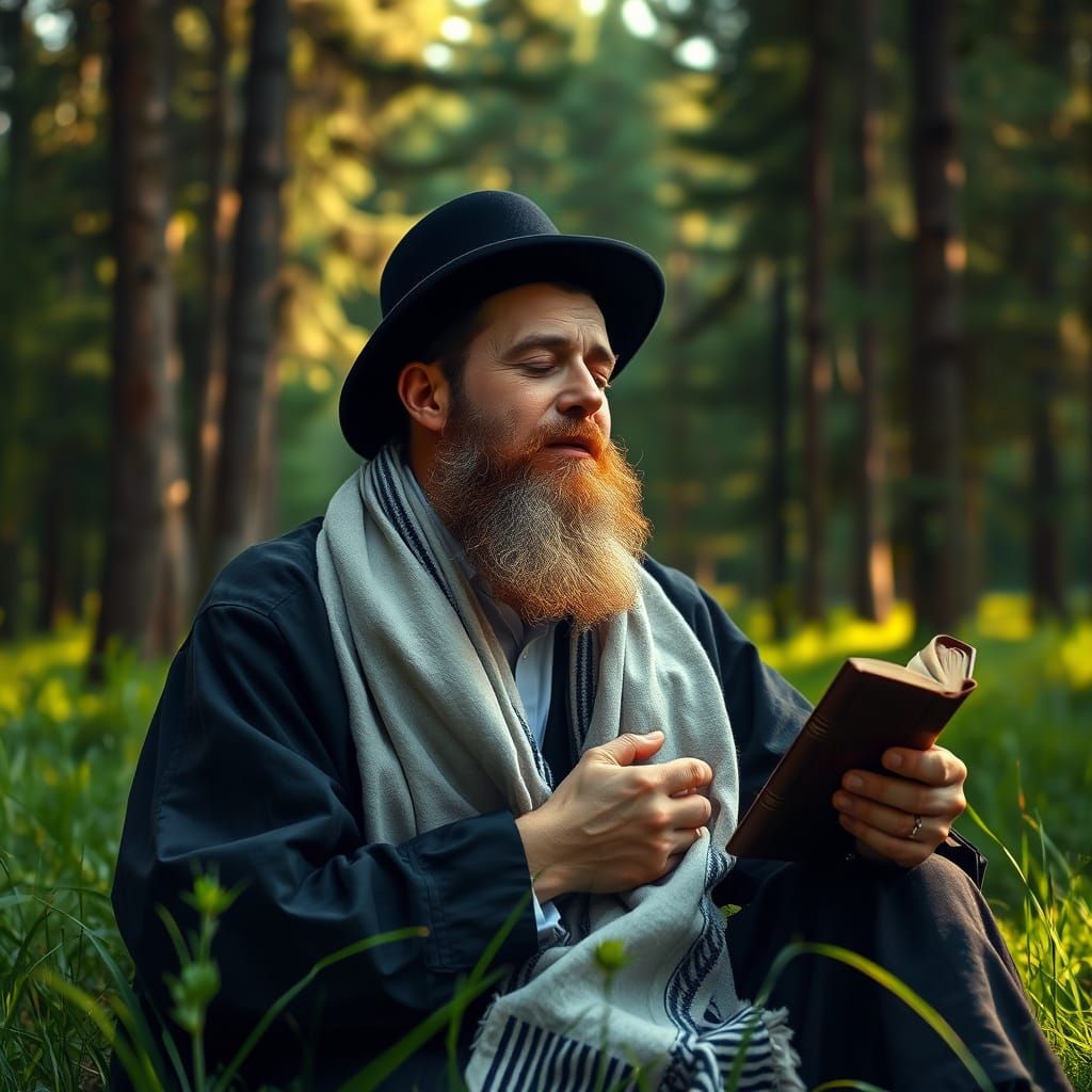 Hasidic Man Praying in Forest, Romantic Landscape