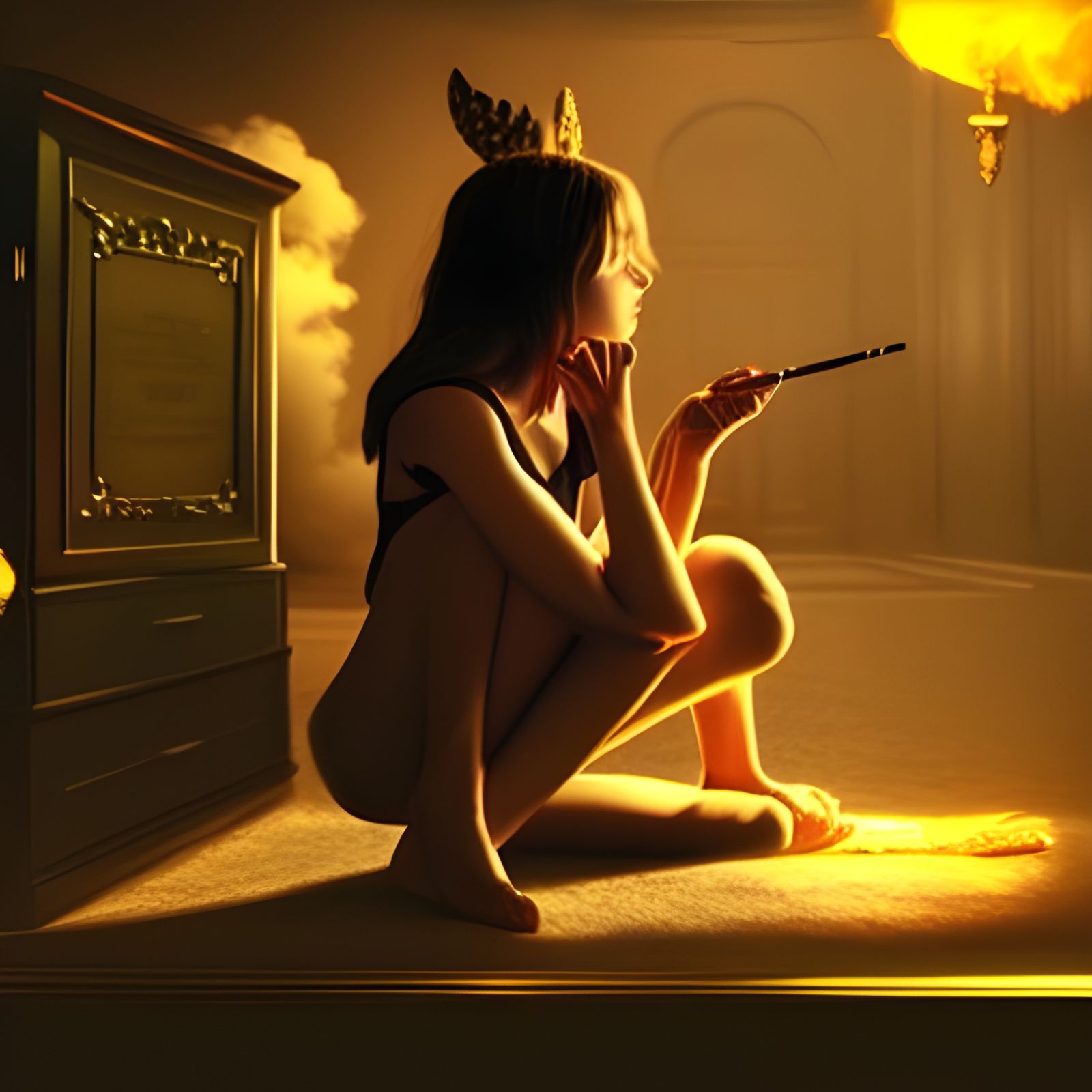 Girl Smoking in Dark Room: Digital Matte Painting