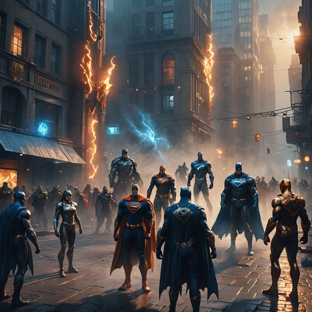 Superhero Clash in City Square: Vivid Digital Art