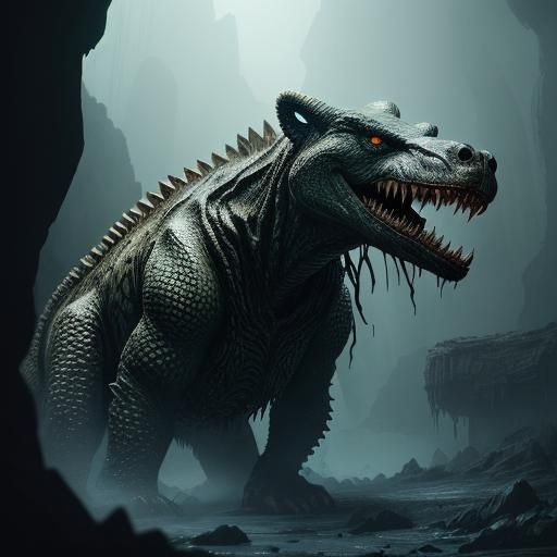 Ferocious Crocodile-Bear Hybrid in Fantasy Cave