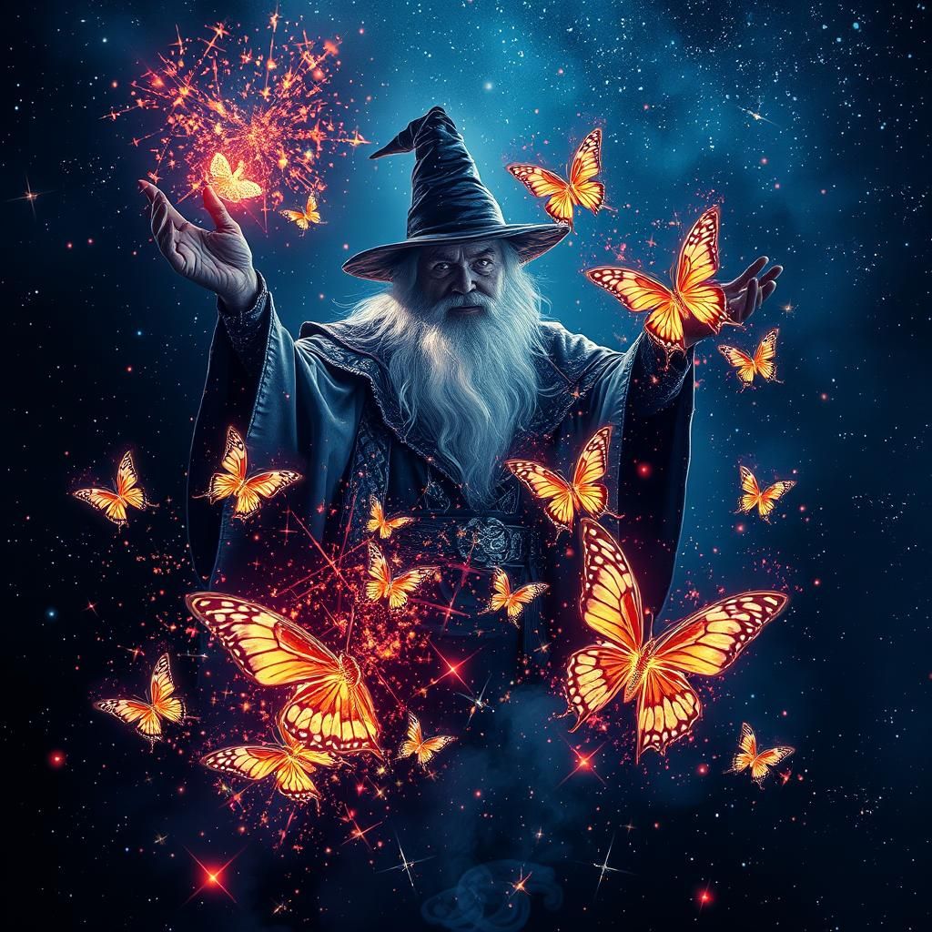 Wizard Transforms into Sparkling Butterflies in Starry Sky