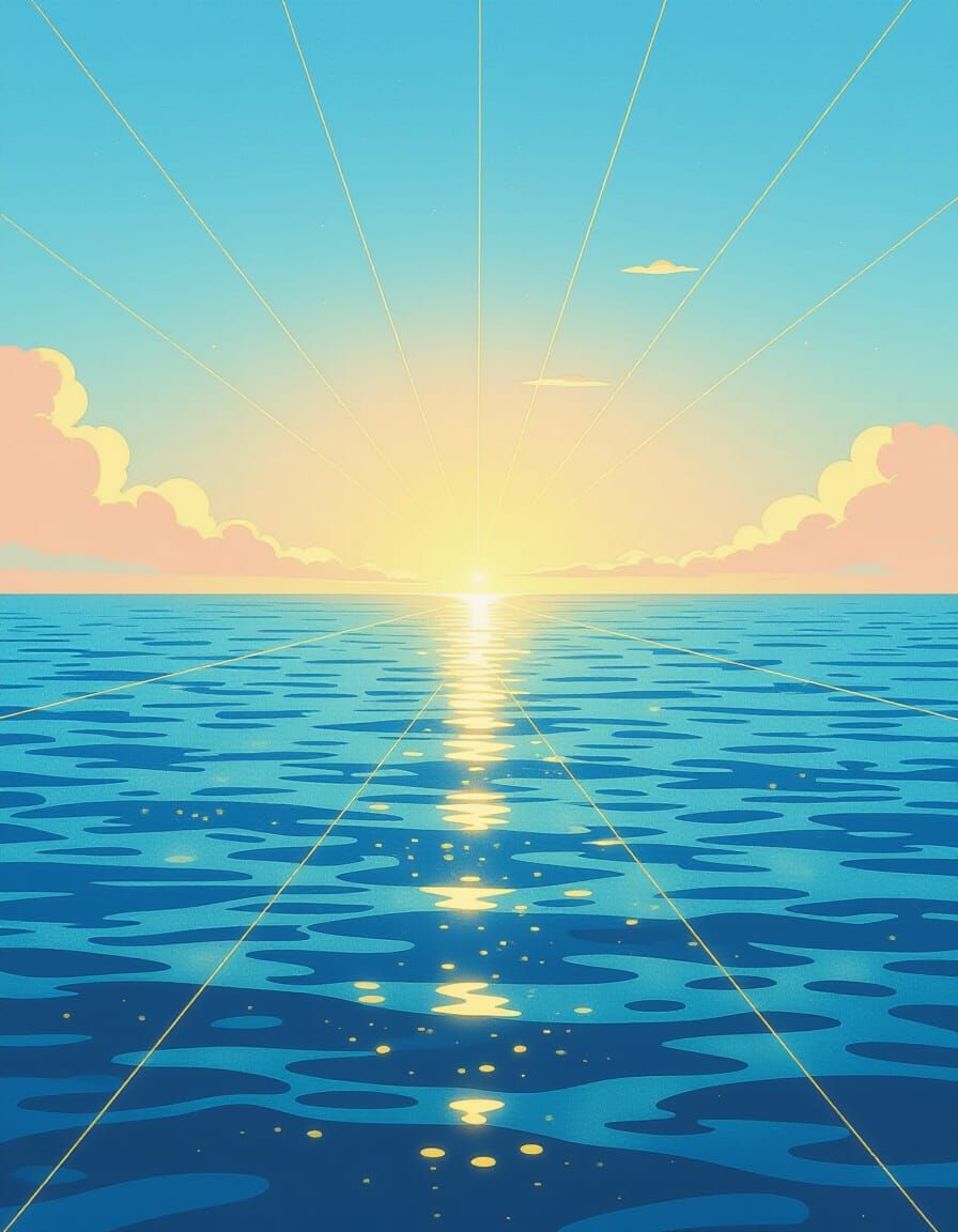 Vintage Anime Ocean Horizon in Watercolor Style