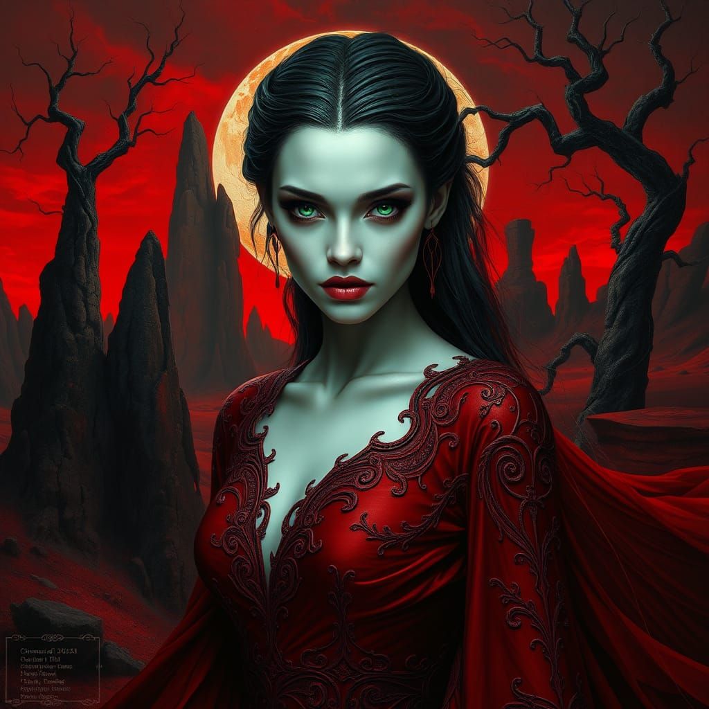 Crimson Vampire in Surreal Blood-Red Landscape