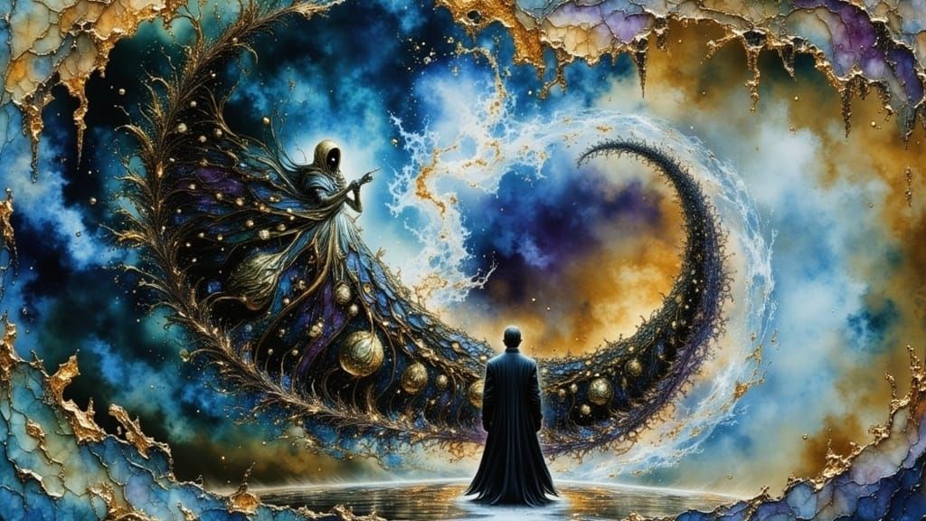 Man Faces Reaper in Dark Gothic Cyberpunk Landscape