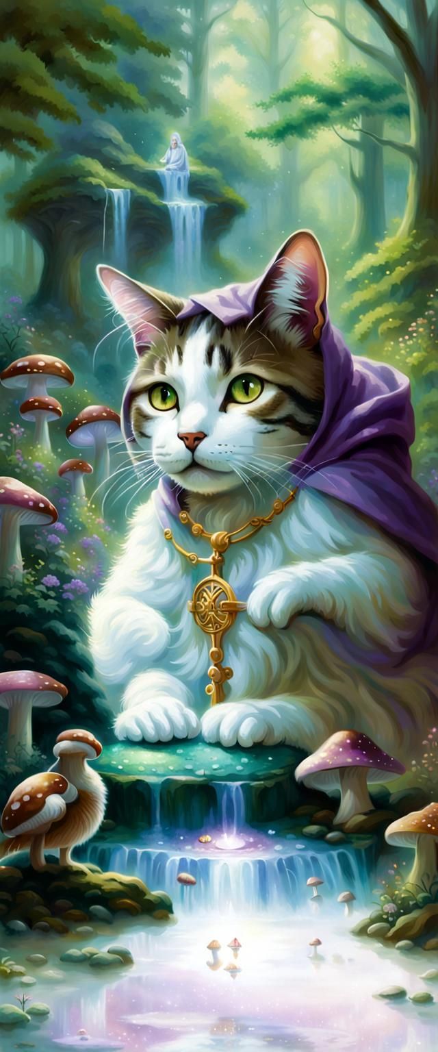 Monk in Forest with Cats: Ethereal Fantasy
