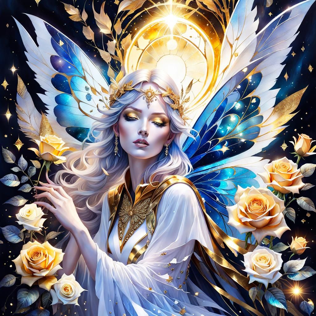 Gorgeous Astral Fairy with Roses in Watercolor Style