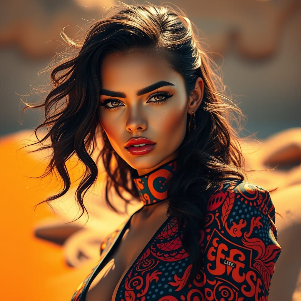 Vibrant Supermodel in Modern Warm Art with High-Contrast Pat...