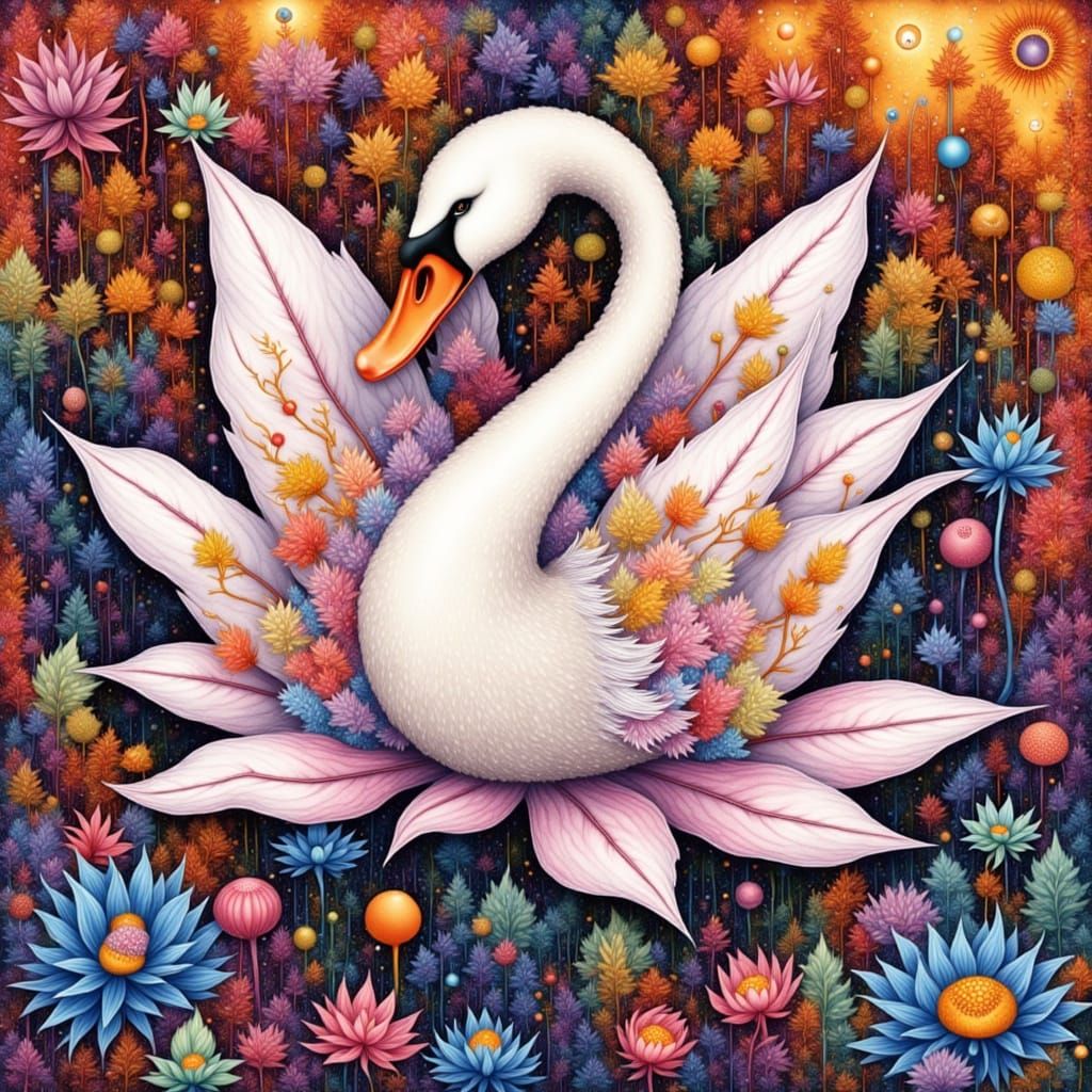 <lora:Flowing Root Lines:1.0> <lora:fantasy:1.0> White Lotus, Swan, Rust, Neon Graffiti