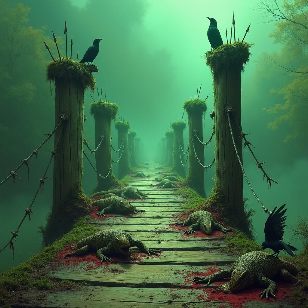 Moss-Covered Bridge with Lizardmen Heads