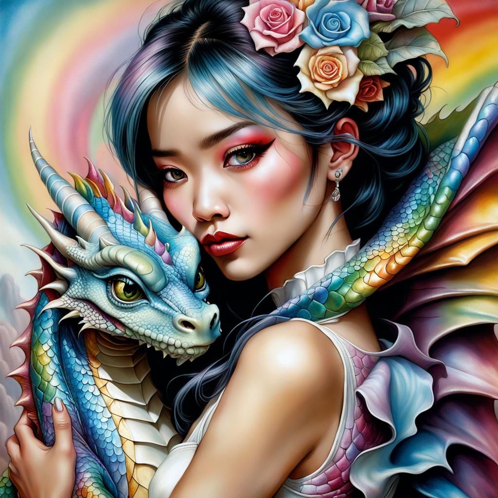Woman Hugs Dragon: Hyperdetailed Pastel Fantasy Art