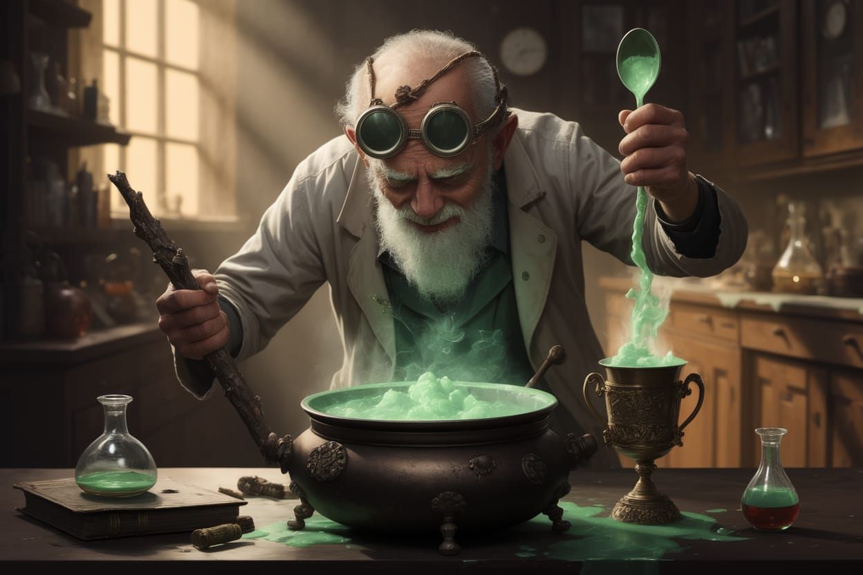 Mad Scientist Brewing Green Potion in Lab