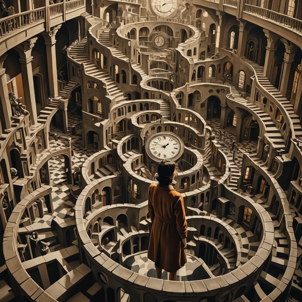 Surreal Woman in Escher-Inspired Dreamscape