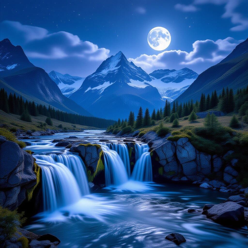 Enchanting Moonlit Mountain and Waterfall Landscape