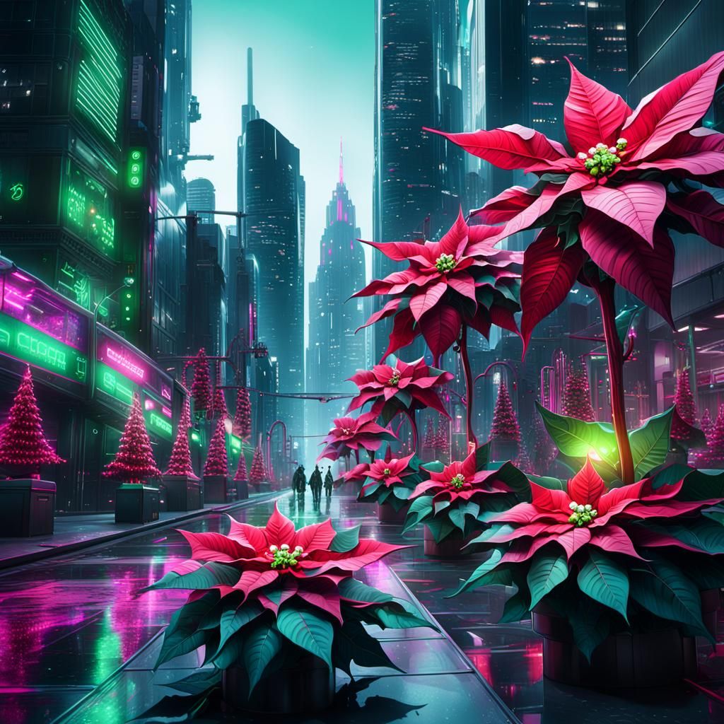 Cyberpunk Christmas Cityscape with Poinsettias