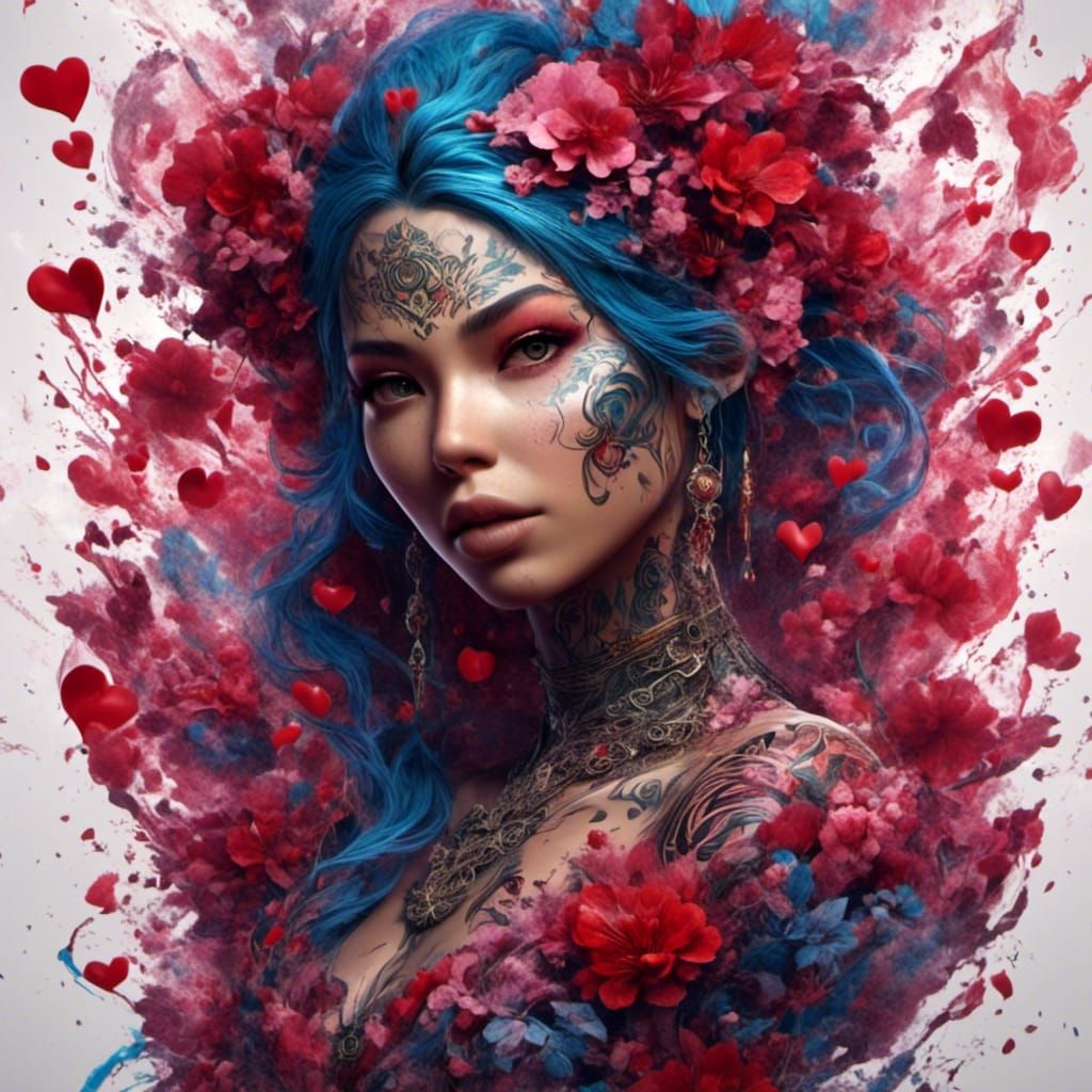 Tattooed Woman with Sakura Flowers in Hyperreal Style