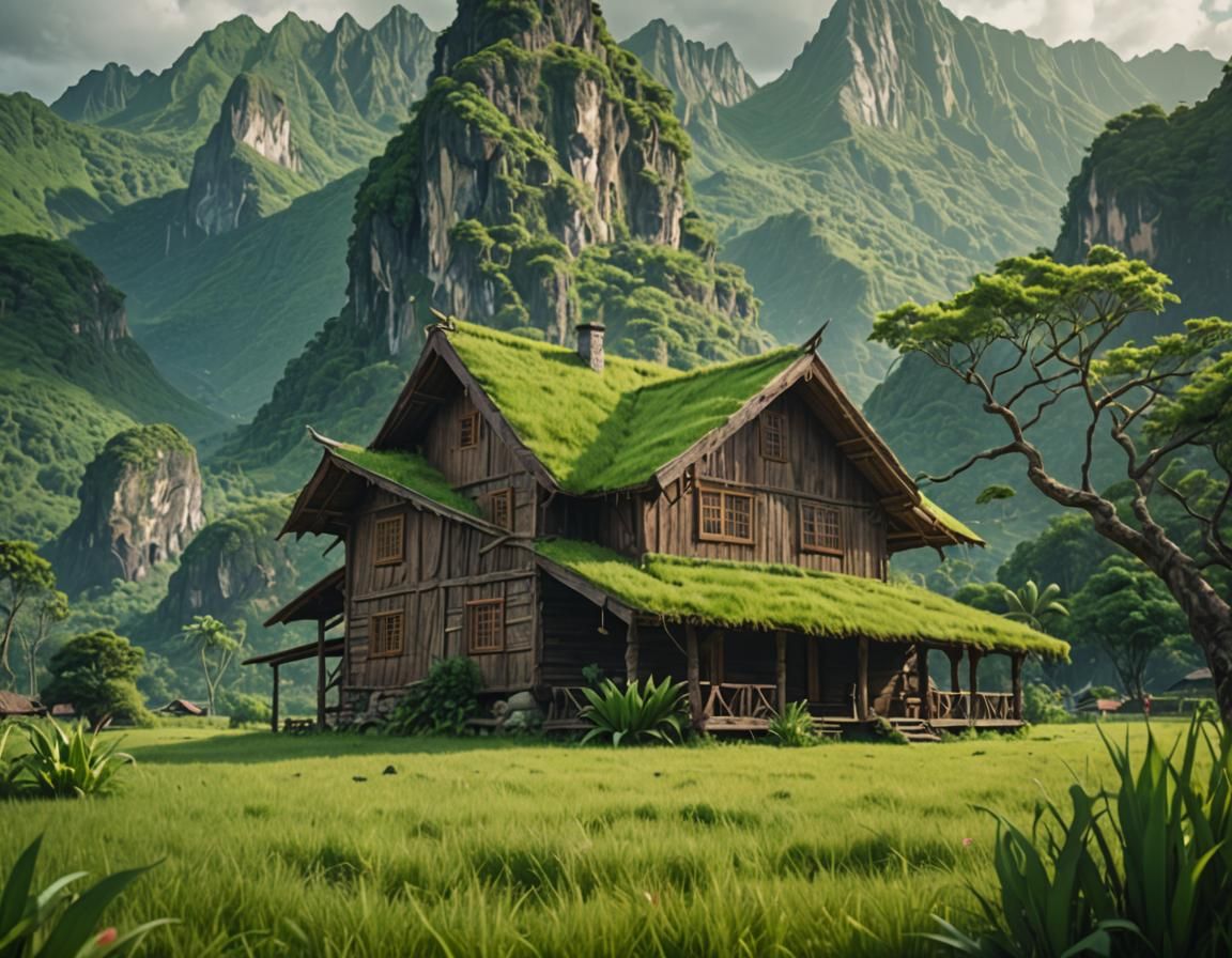 Tropical Wooden House in Dark Fantasy Style