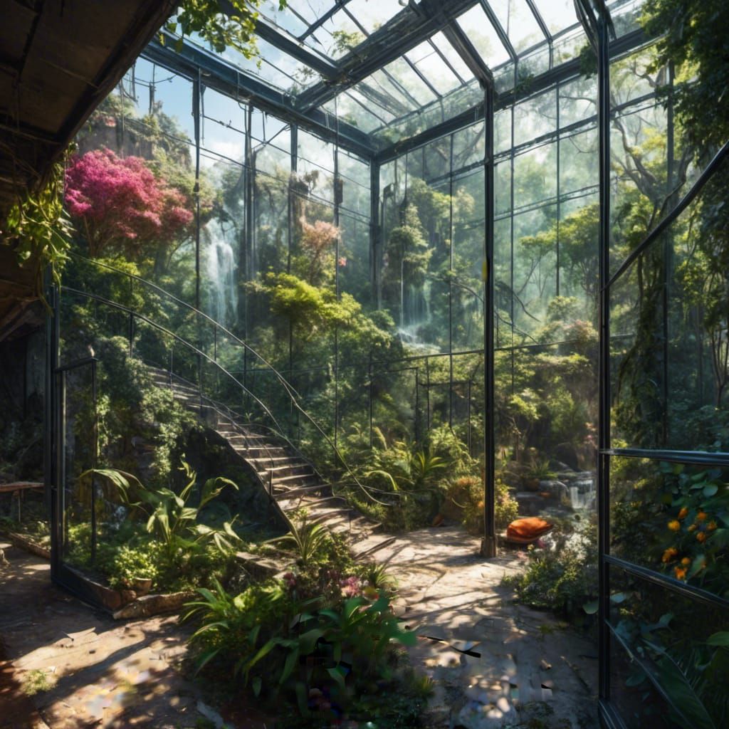 Hyperrealistic Glass House Interior in Splash Art Style