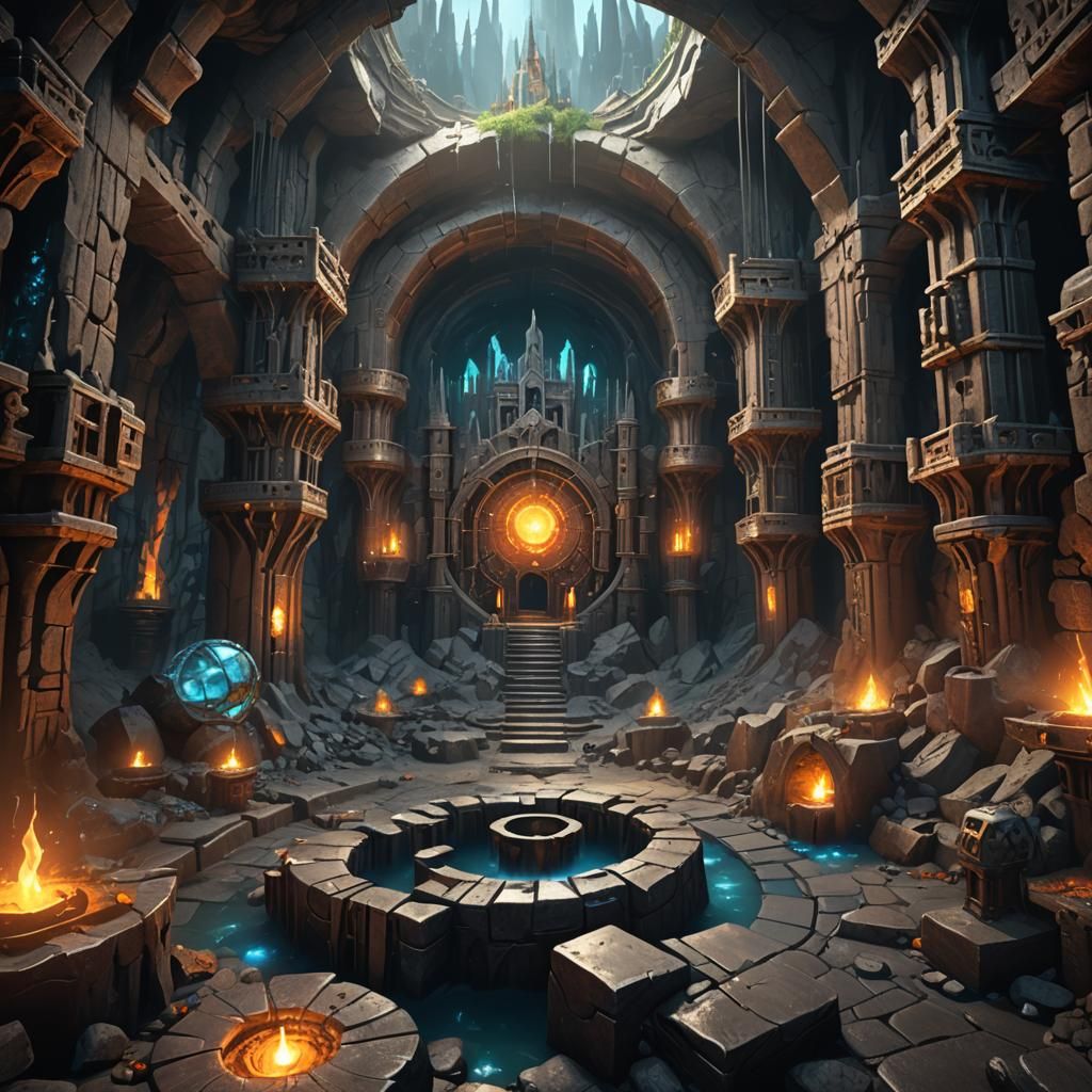 Fantastical Metallic Dungeon Core in an Underworld Cavern