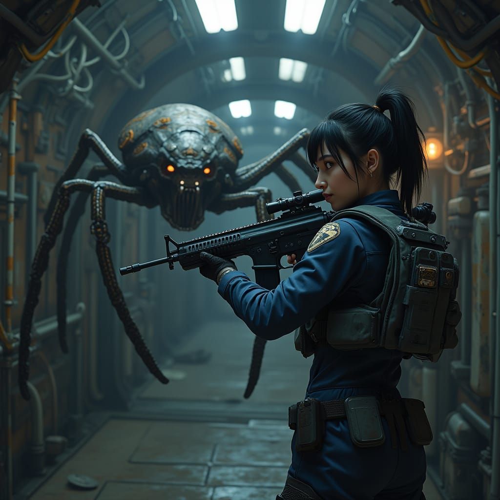 Female Soldier Battles Giant Spider in Spaceship Corridor
