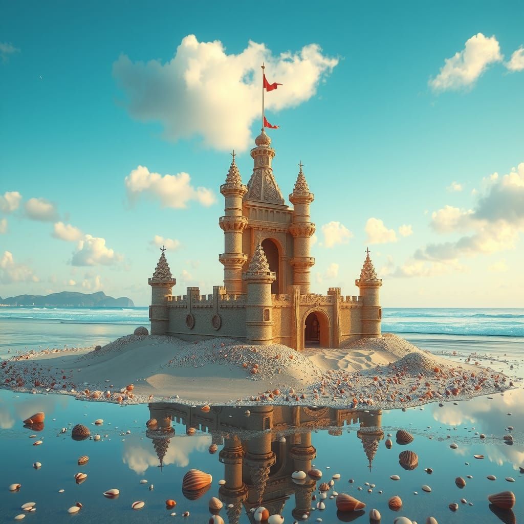 Ornate Sandcastle on Sun-Kissed Beach at Dusk