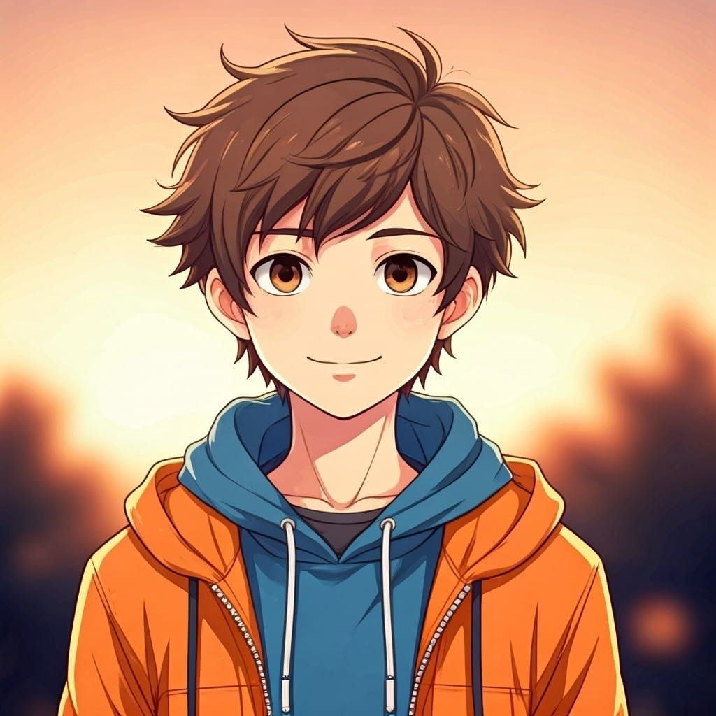 Youthful Anime-Inspired Boy in Relaxed Outdoor Setting