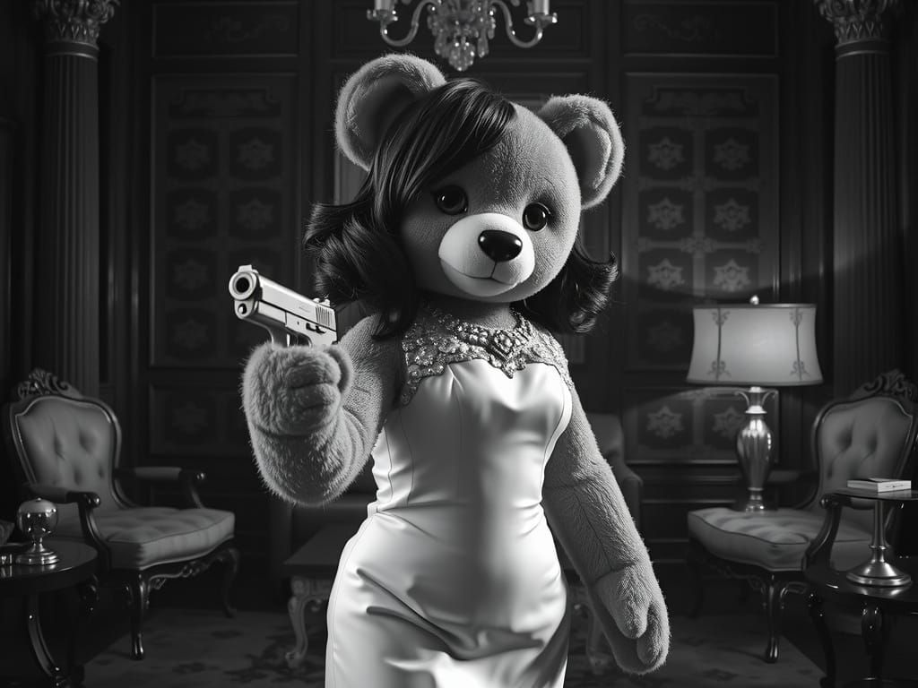 Sophisticated Teddy Bear Exudes Danger in Film Noir Portrait