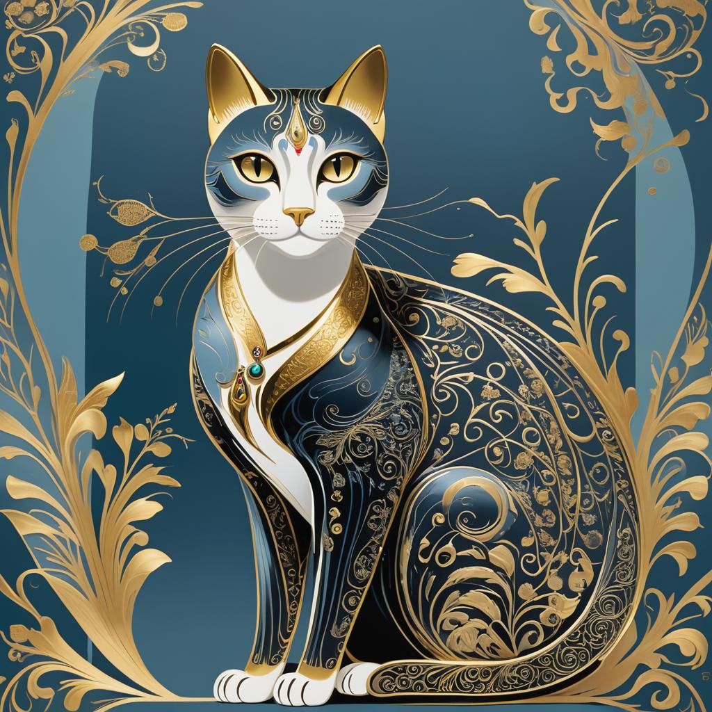 Elegant Art Deco Cat with Gold Highlights