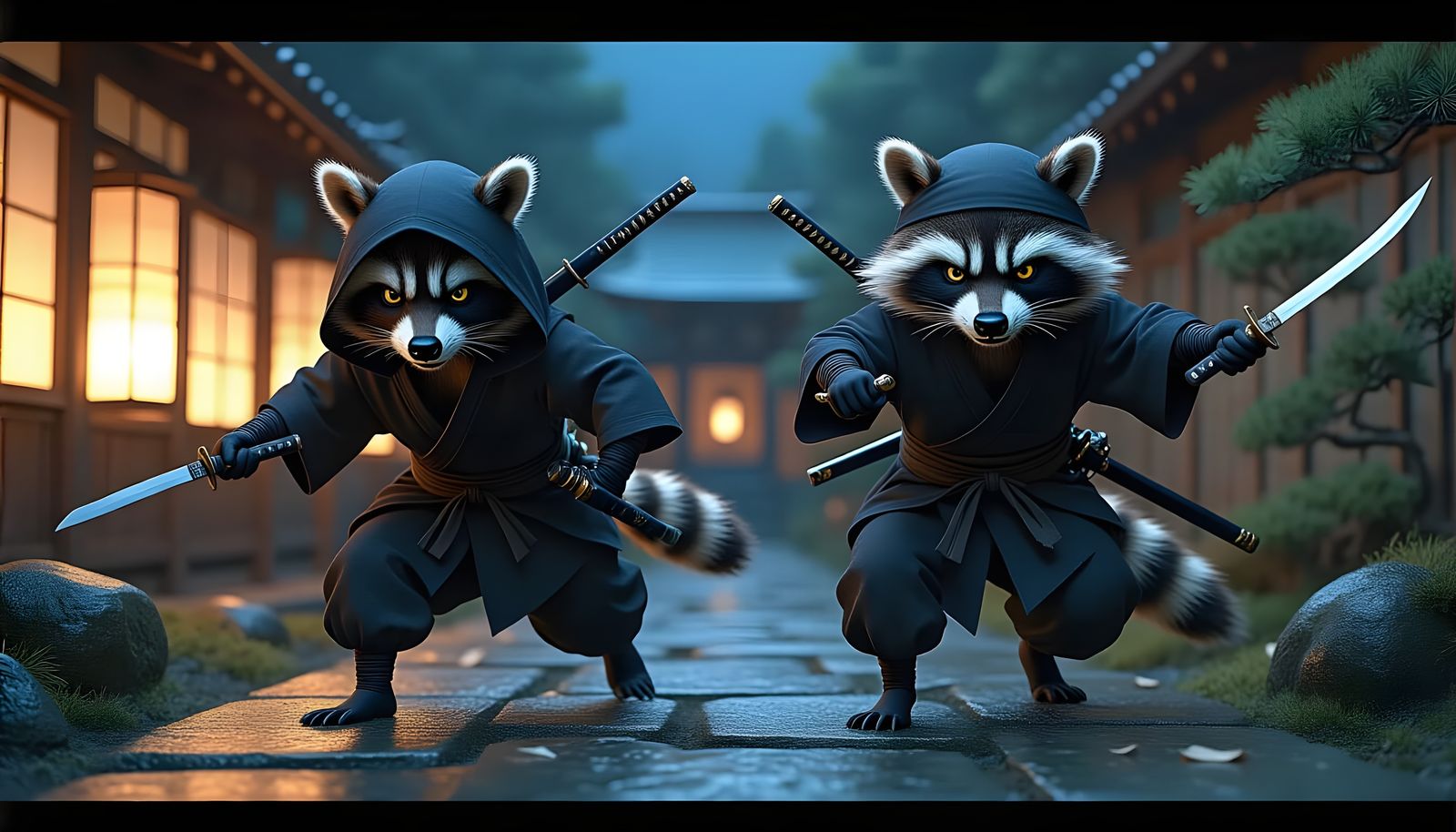 Ninja Raccoons Charge in Japanese Garden